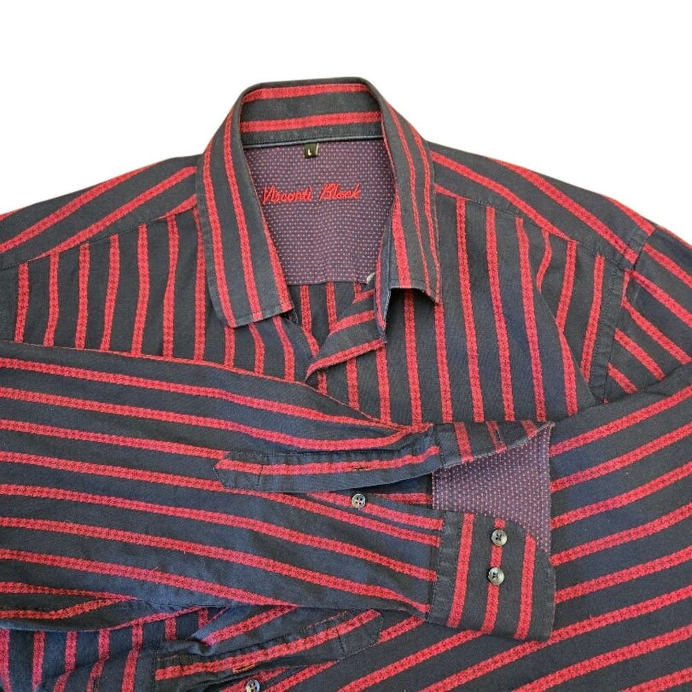Visconti Black Navy Red Stripe Contrast Trim Button Down‎ Long Sleeve Shirt Sz L - Picture 2 of 9